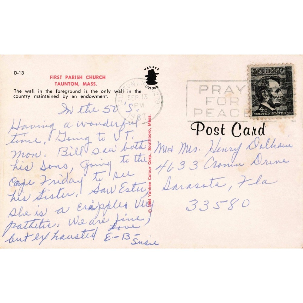 Vtg First Parish Church Taunton Massachusetts Postcard 1967 Yankee Colour D-13 - Picture 2 of 2